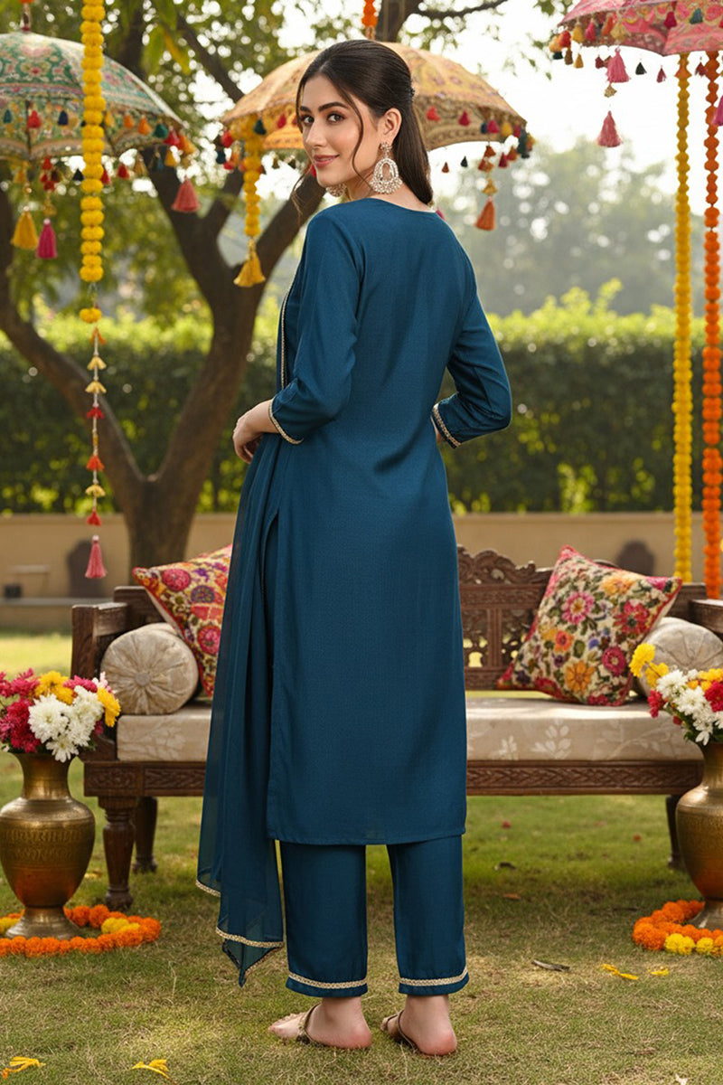 Silk Blend Teal Embroidered Straight Kurta Pant With Dupatta PKSKD1838