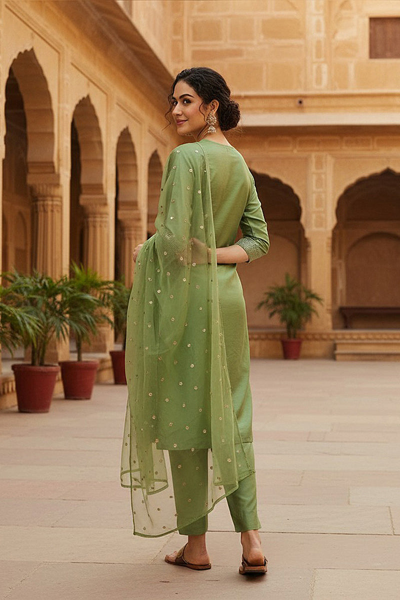 Green Poly Silk Solid Yoke Design Kurta Trousers With Dupatta PKSKD1589