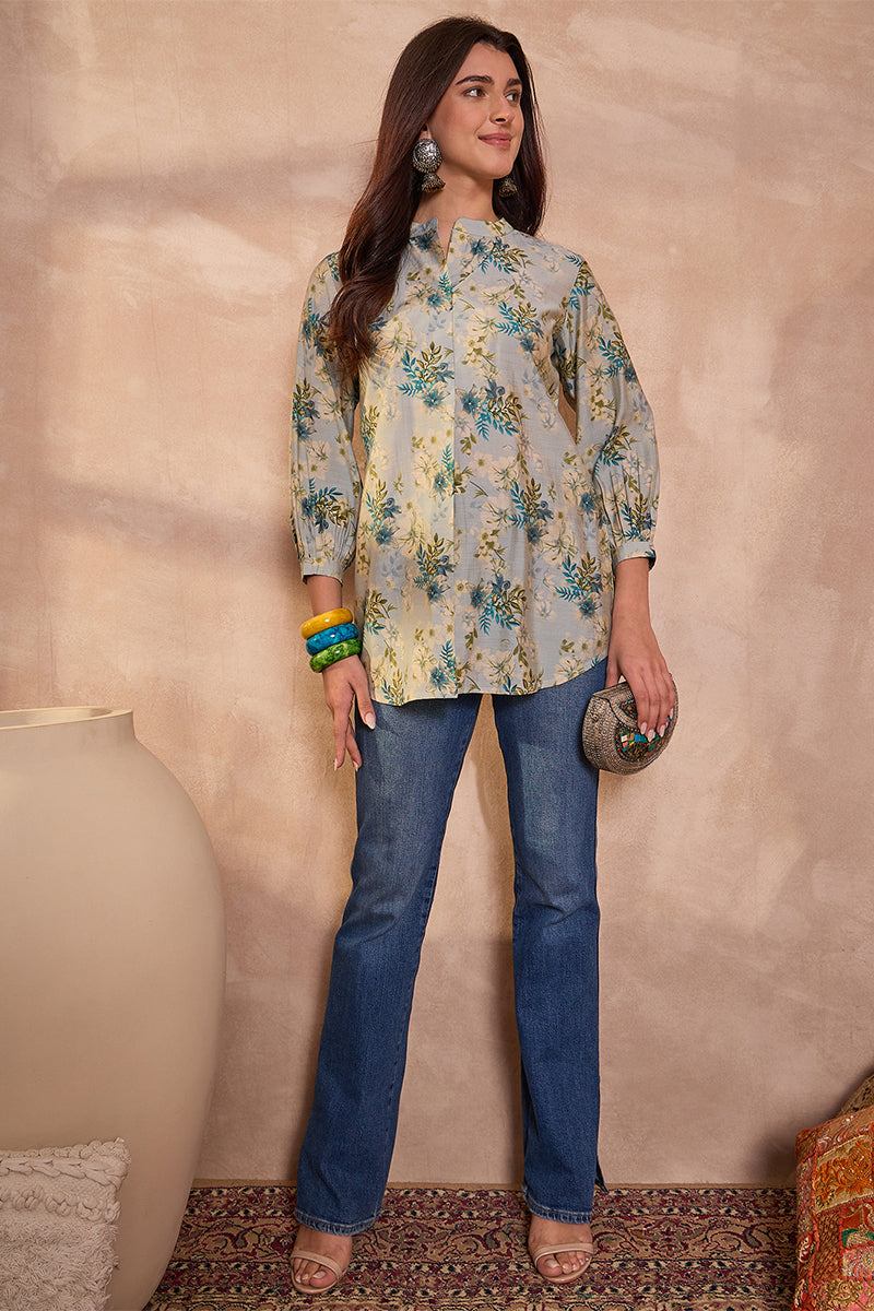 Grey Silk Blend Floral Printed Top VT1432