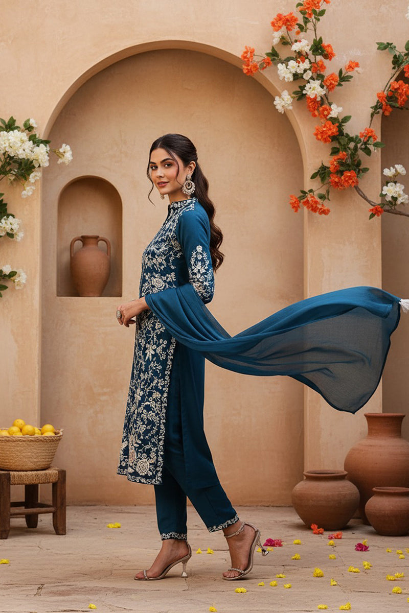 Teal Blue Silk Blend Solid Embroidered Straight Suit Set PKSKD2216