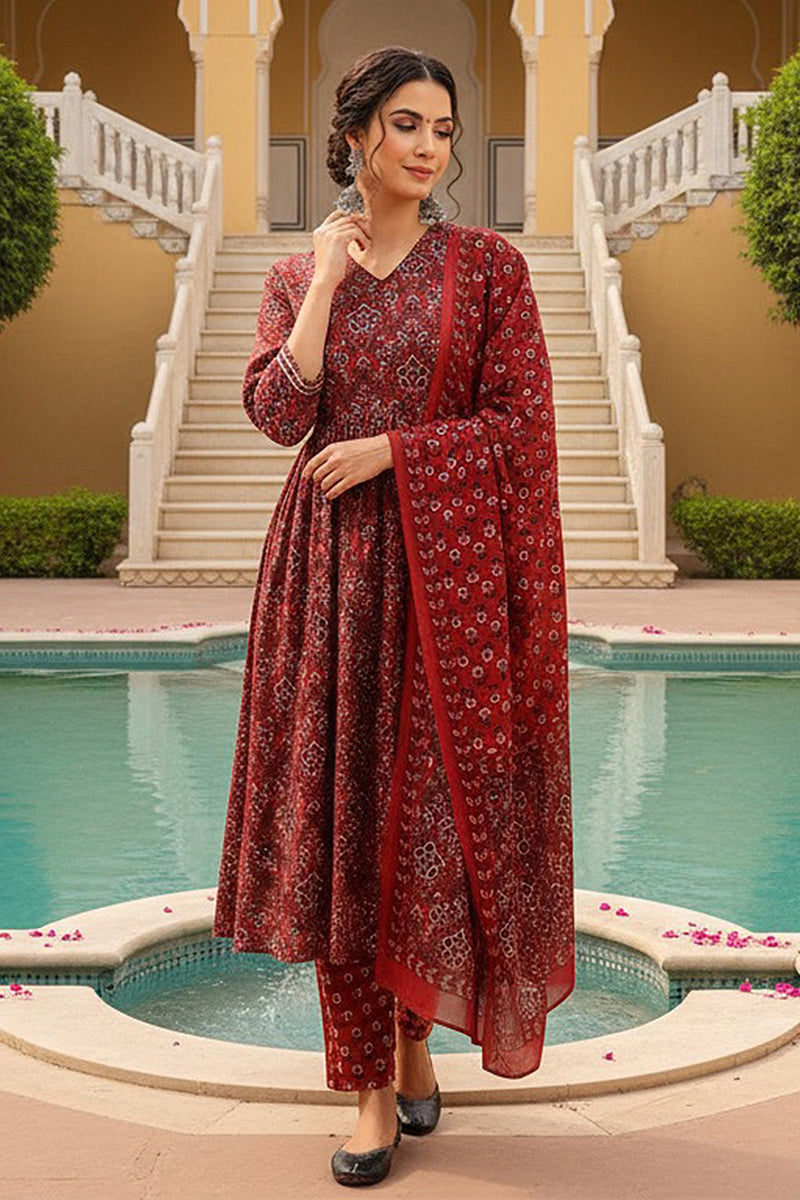 Red Rayon Blend Floral Printed A-Line Trouser Bottom Suit Set VKSKD2273