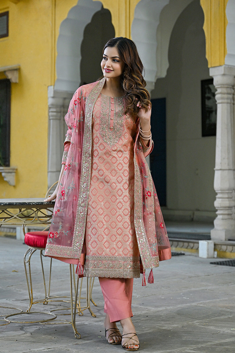 Peach Silk Blend Solid Woven Design Straight Kurta Trousers With Dupatta PKSKD2924
