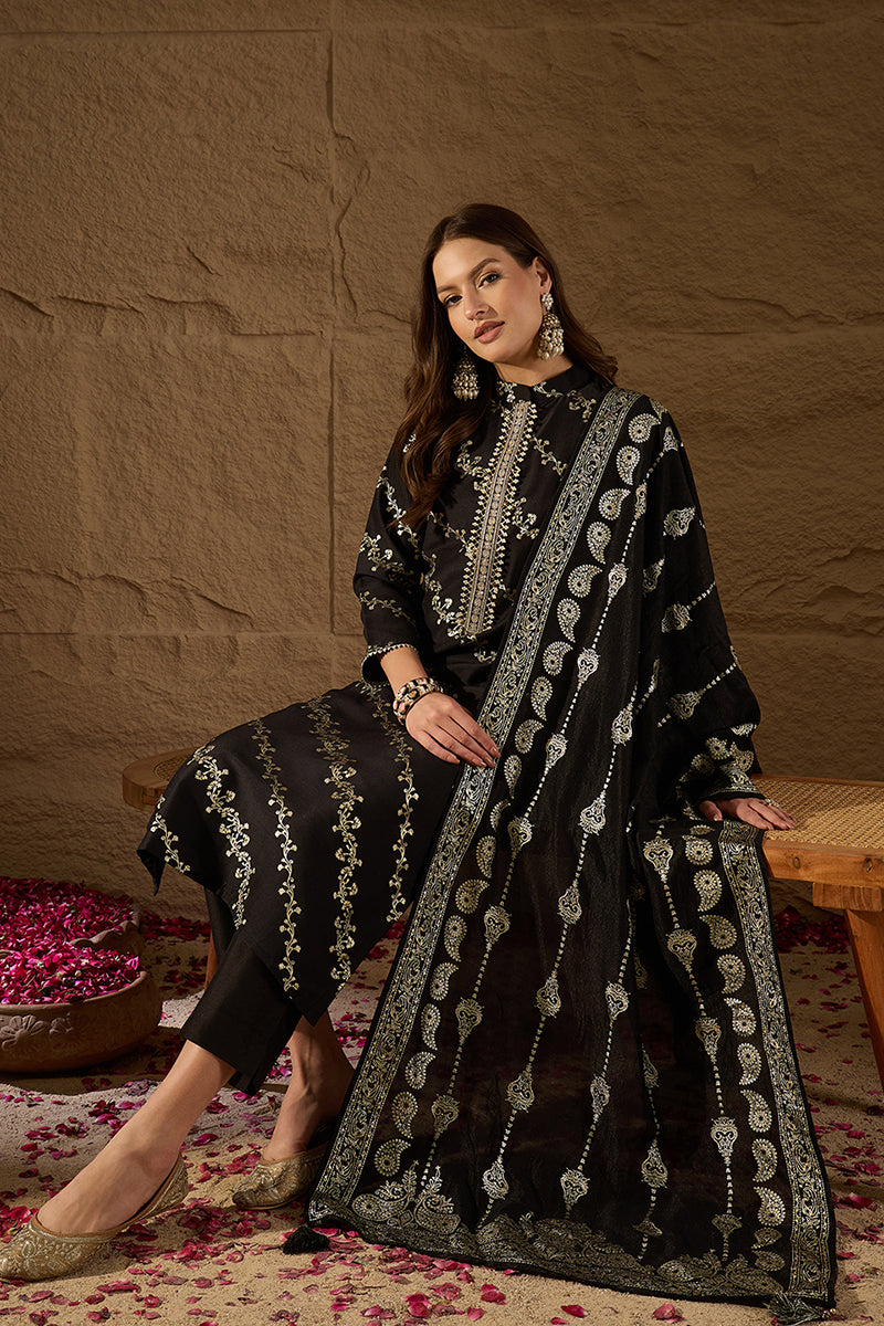 Black Silk Blend Ethnic Motifs Printed Straight Kurta Sets SKSKD3042