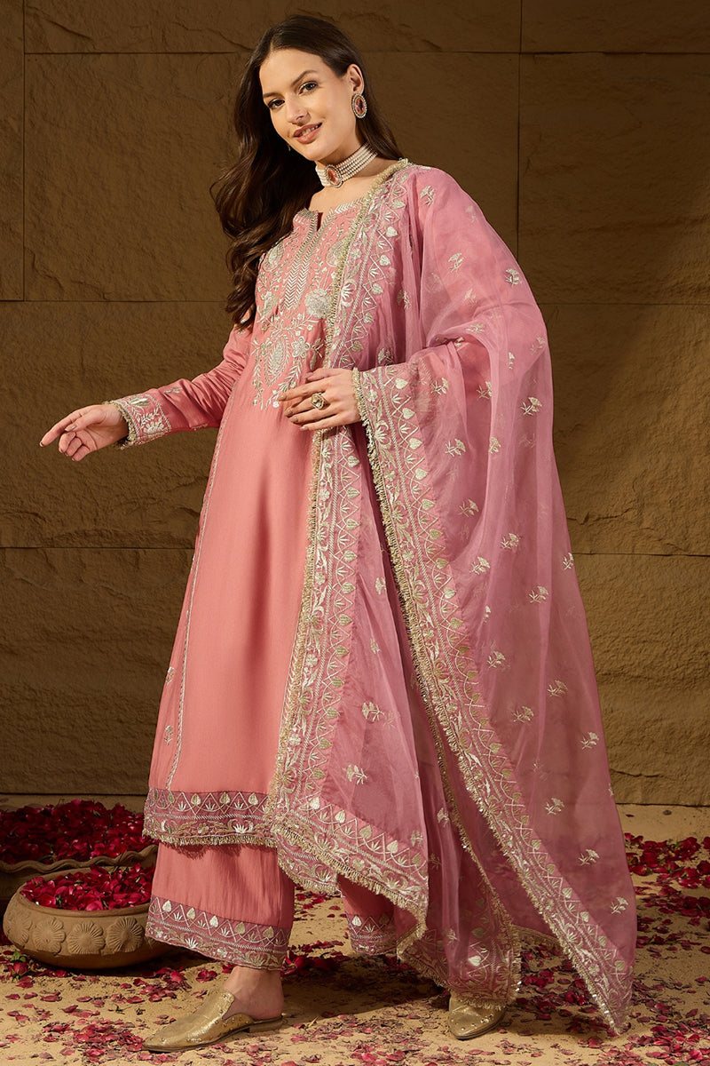 Pink Silk Blend Solid Embroidered Straight Kurta Trousers With Dupatta PKSKD2939