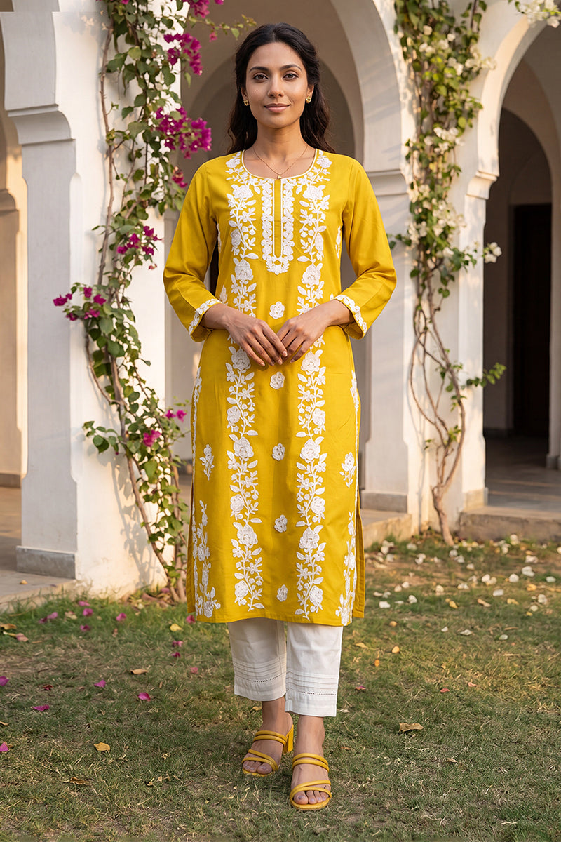 Ahika Womens Yellow Viscose Rayon Solid Embroidered Regular Kurta VCK9816
