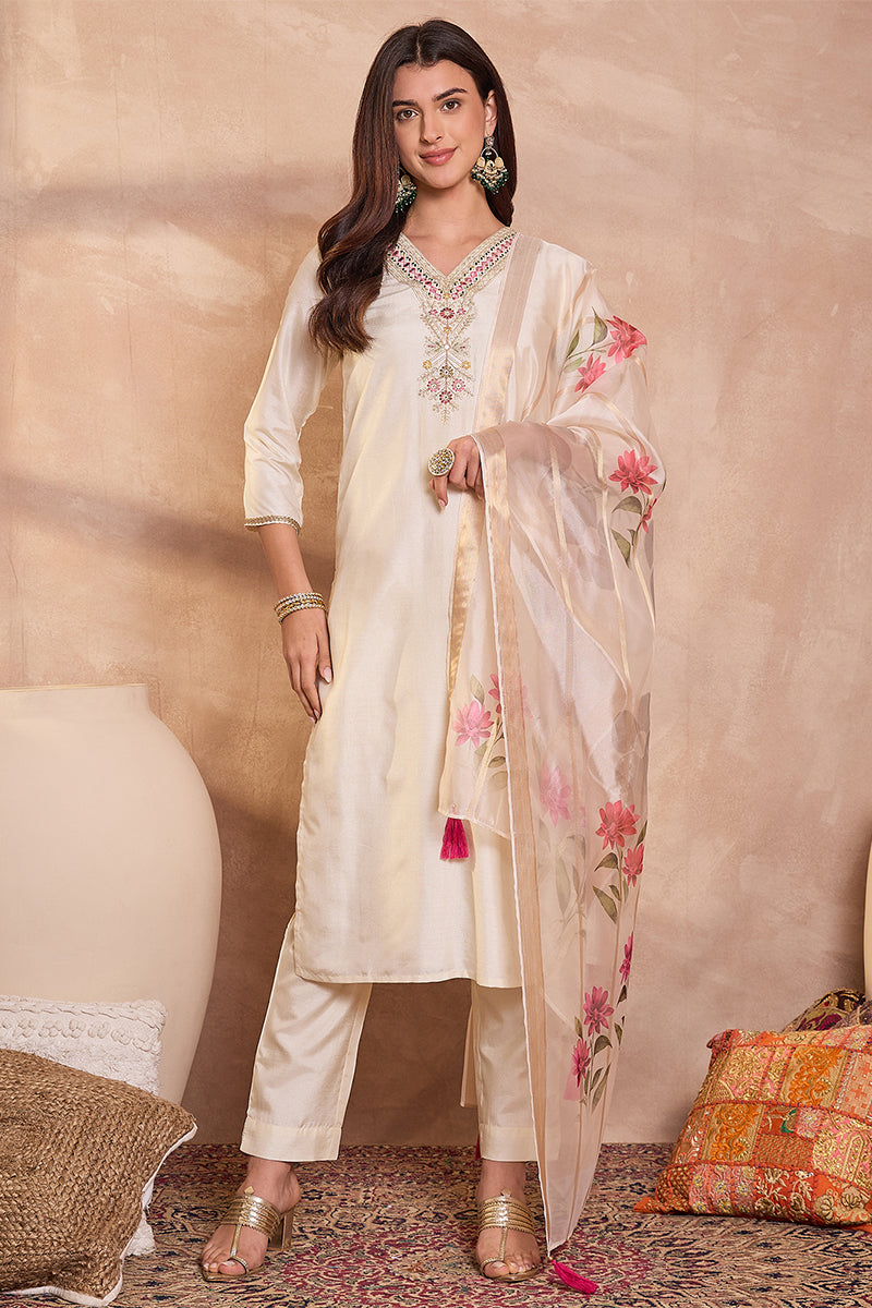 Off White Silk Blend Solid Embroidered Straight Kurta Trouser With Dupatta PKSKD3103