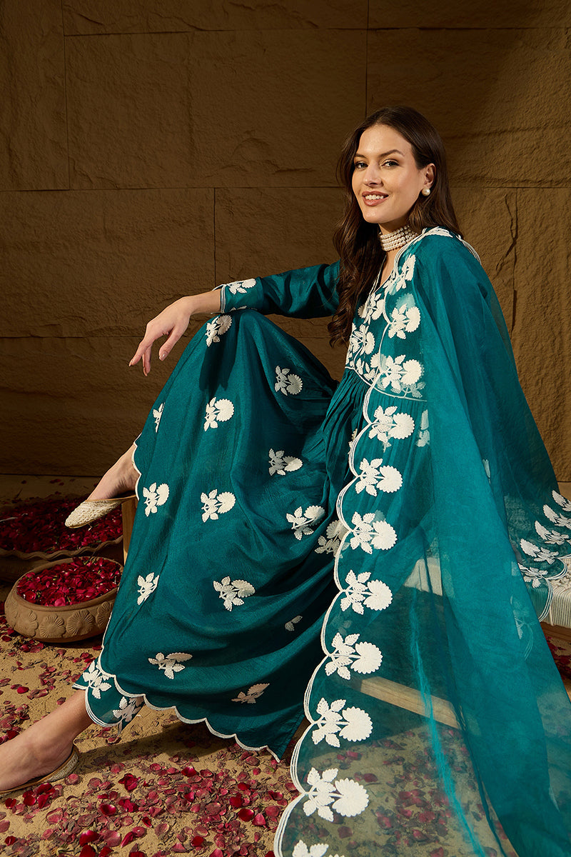 Teal Silk Blend Solid Embroidered A-Line Kurta Trouser With Dupatta PKSKD2824