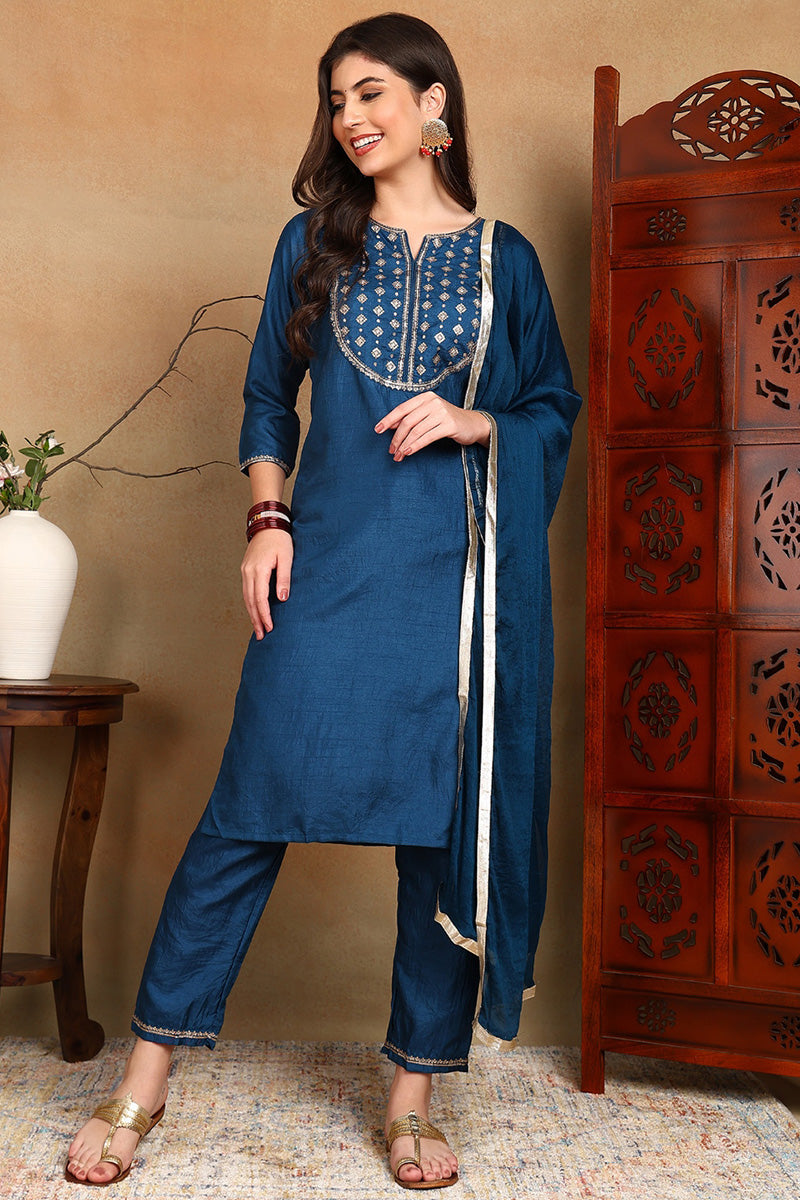Silk Blend Blue Embroidered Straight Kurta Pant With Dupatta PKSKD1820