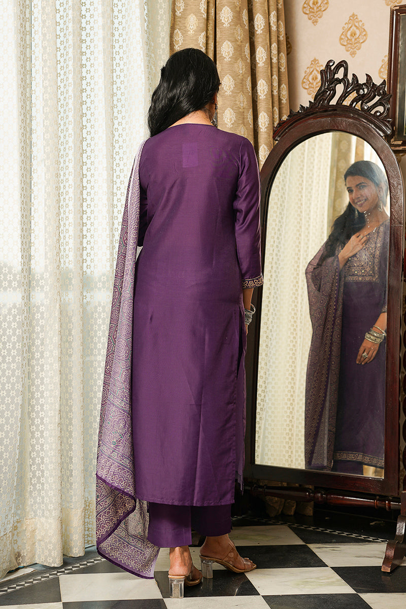 Purple Cotton Blend Ajrakh Printed Straight Kurta Trousers With Dupatta PKSKD3067
