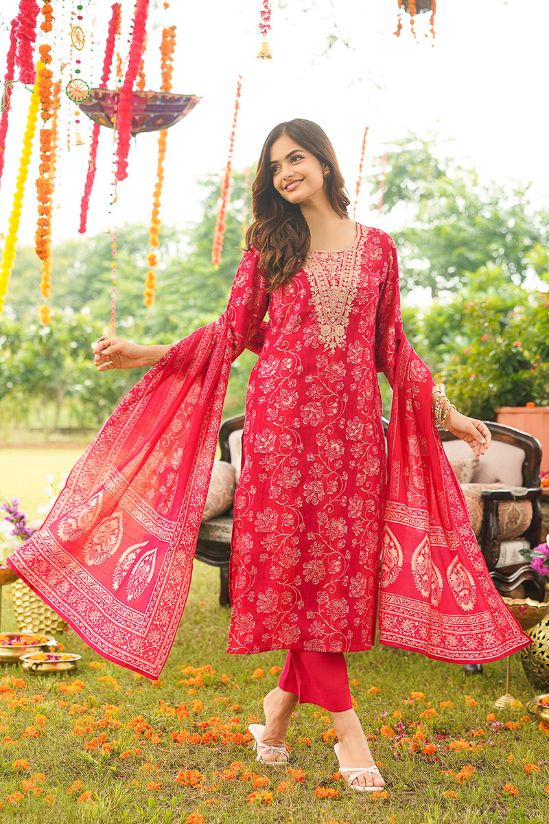 Red Viscose Rayon Floral Embroidered Straight Kurta Trousers With Dupatta PKSKD3056