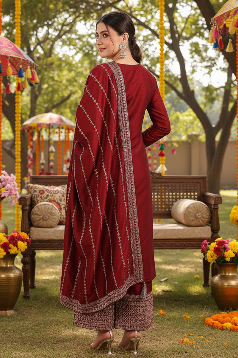 Maroon Silk Blend Straight Kurta Palazzo With Dupatta PKSKD1860