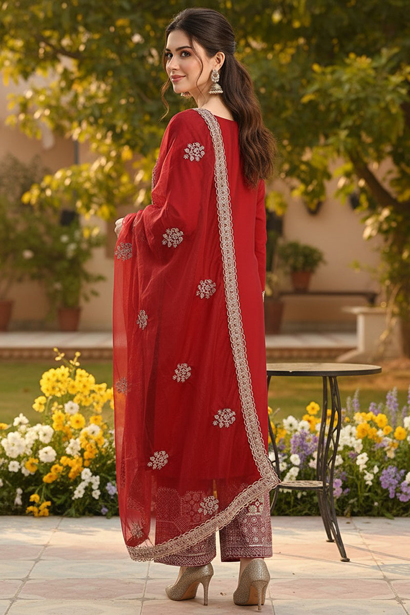 Mustard Yellow Silk Blend Floral Embroidered Straight Suit Set PKSKD2240