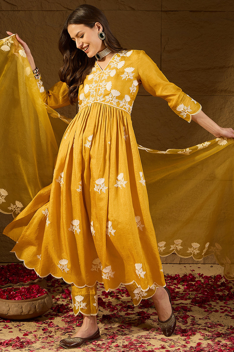 Yellow Silk Blend Solid Embroidered A-Line Kurta Trouser With Dupatta PKSKD2826