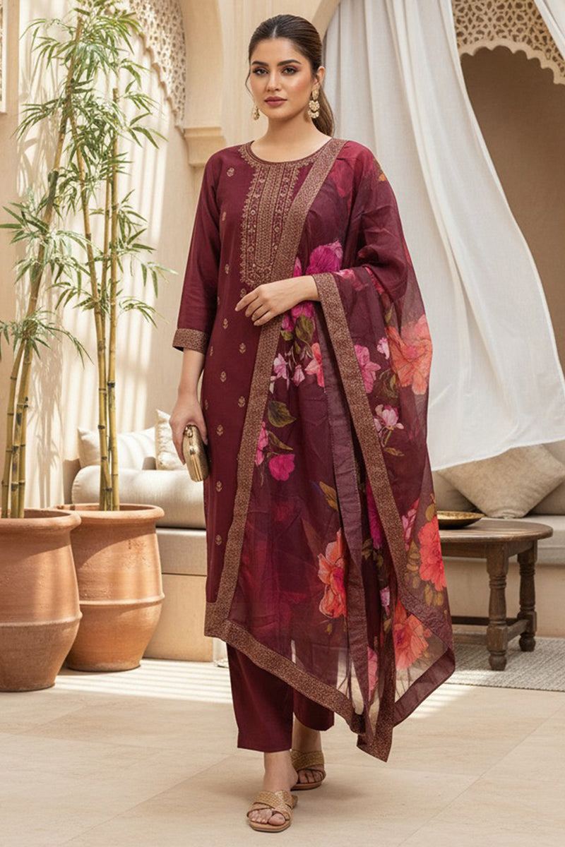 Maroon Silk Blend Ethnic Motifs Stoning Straight Kurta Trouser with Dupatta SKSKD3092