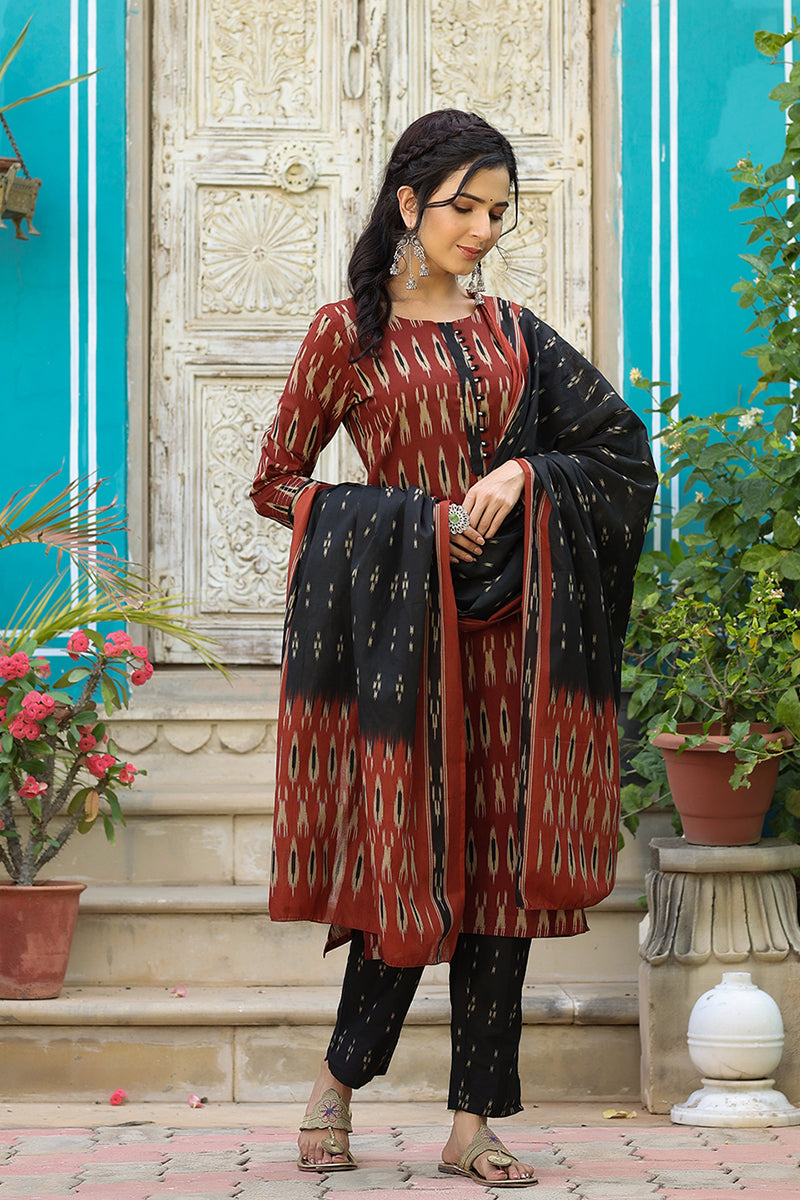 Brown Rayon Blend Straight Kurta Pant With Dupatta VKSKD1304