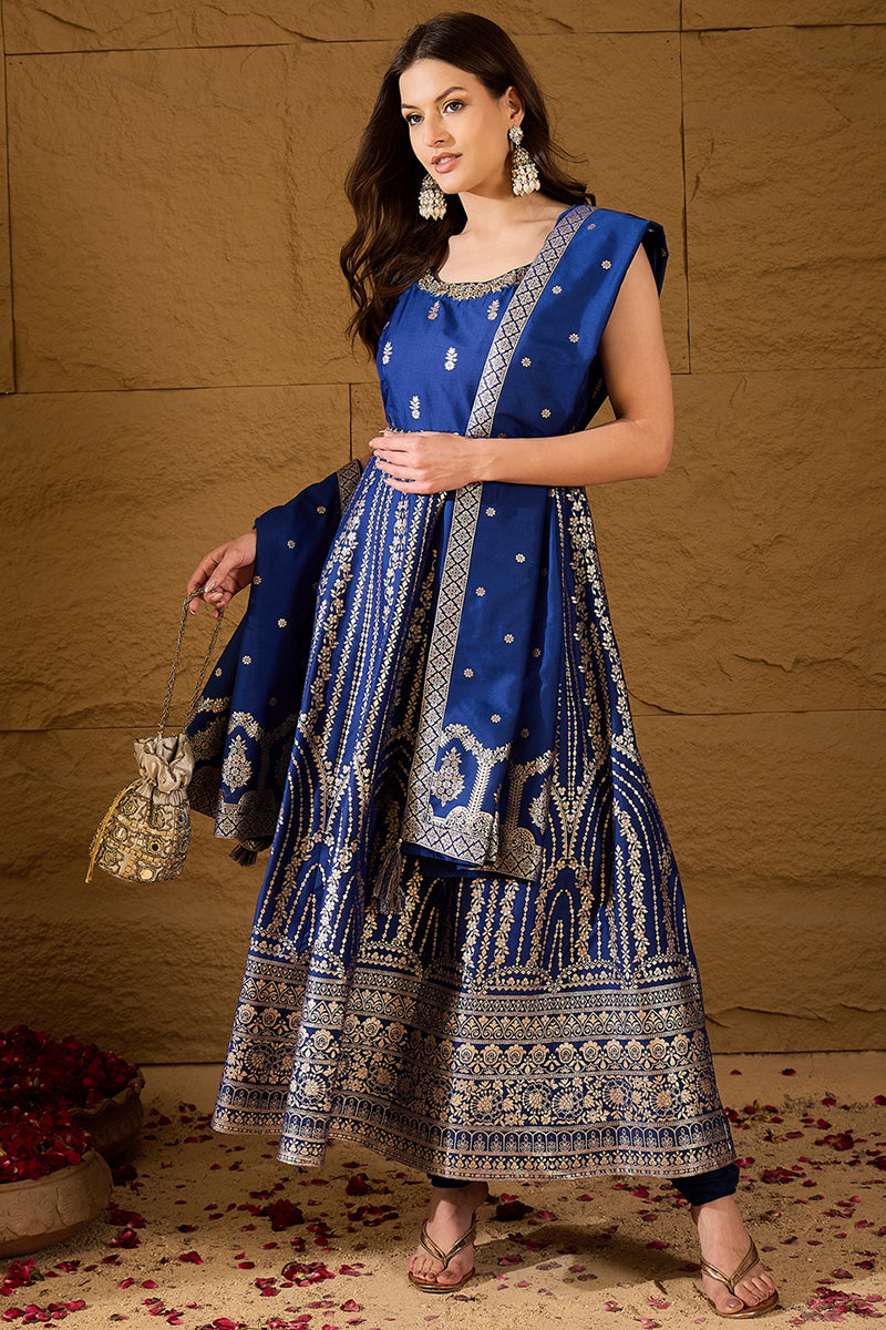Blue Silk Blend Solid Embroidered Anarkali Kurta Bottom and Dupatta PKSKD3020