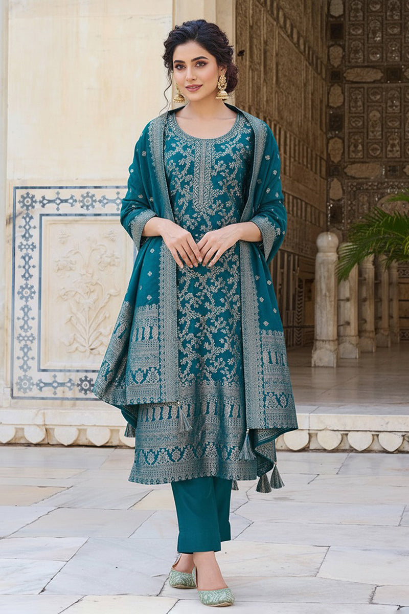 Teal Blue Poly Chanderi Solid Woven Design Straight Trouser Suit Set PKSKD2628