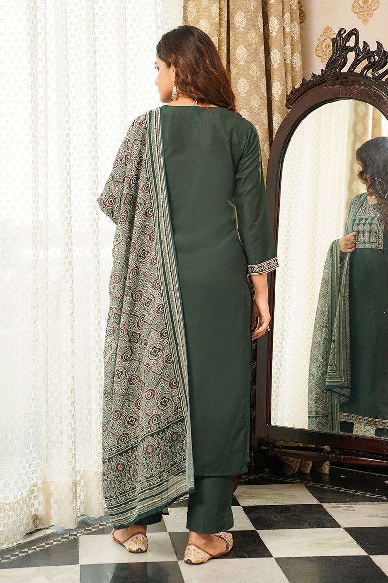 Green Cotton Blend Ajrakh Printed Straight Kurta Trousers With Dupatta PKSKD3066