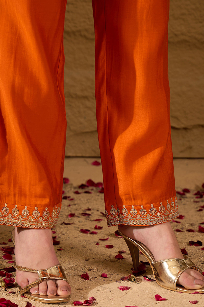 Orange Silk Blend Solid Embroidered A-Line Kurta Trouser with Dupatta PKSKD2841