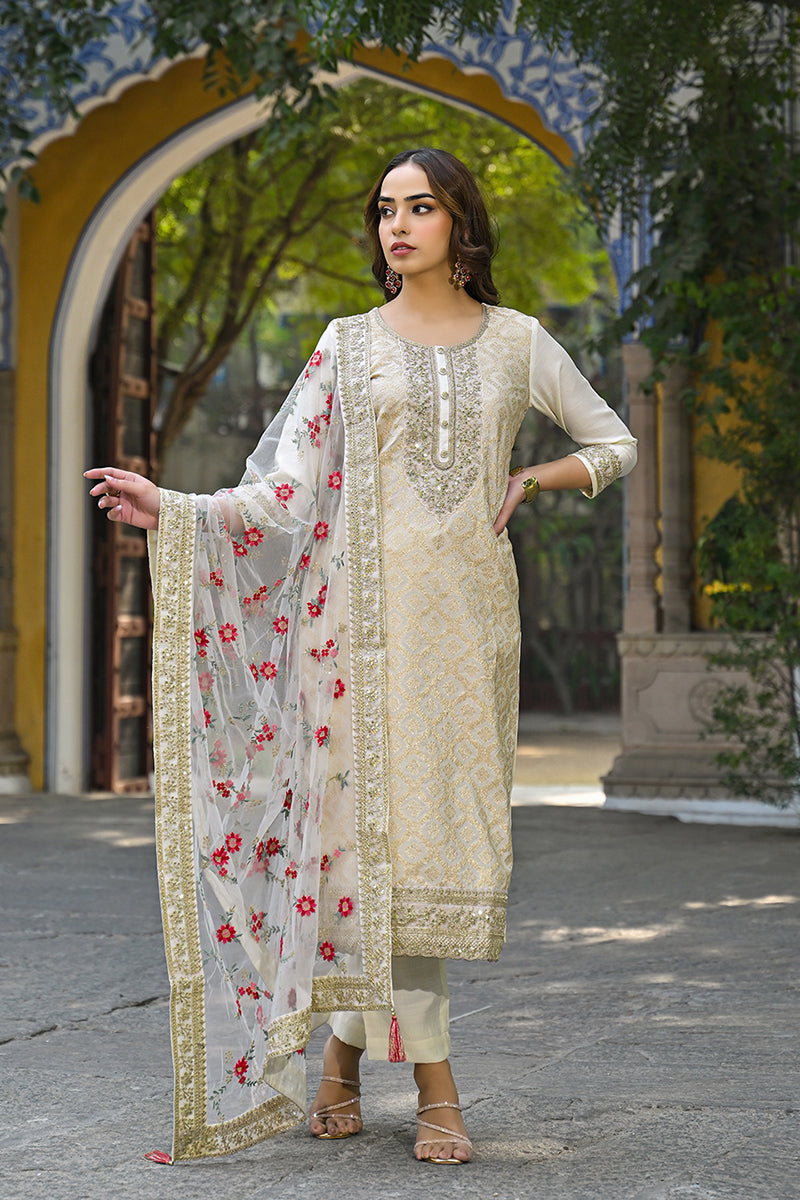 Off White Silk Blend Solid Embroidered Straight Kurta Trousers With Dupatta PKSKD2925