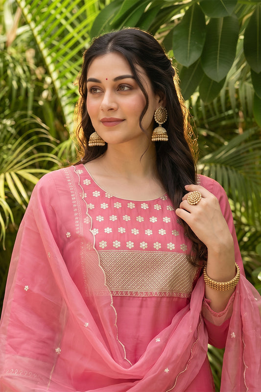 Pink Poly Silk Solid Sequin Straight Suit Set PKSKD1159