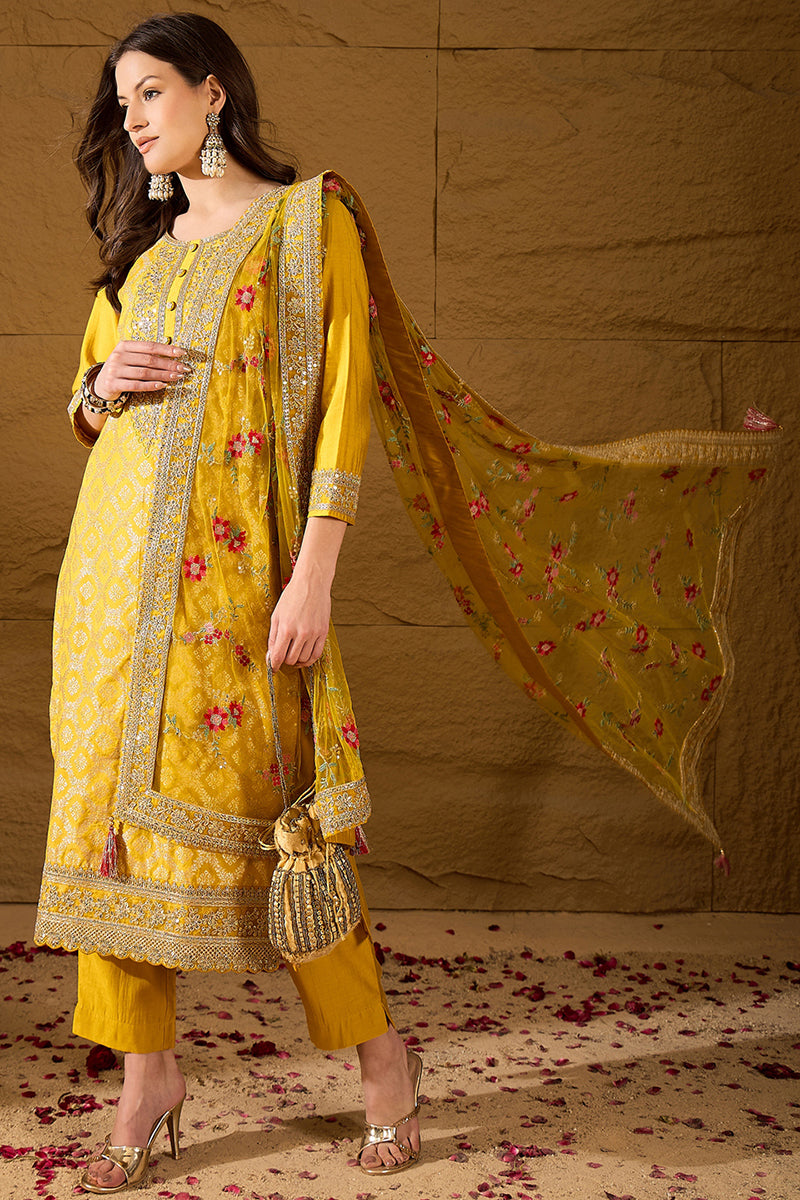 Yellow Silk Blend Solid Woven Design Straight Kurta Trousers With Dupatta PKSKD2935