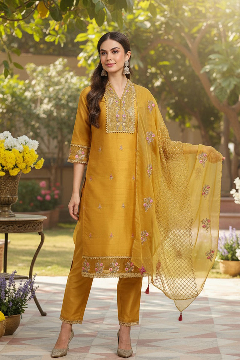 Mustard Yellow Silk Blend Floral Embroidered Straight Suit Set PKSKD2240