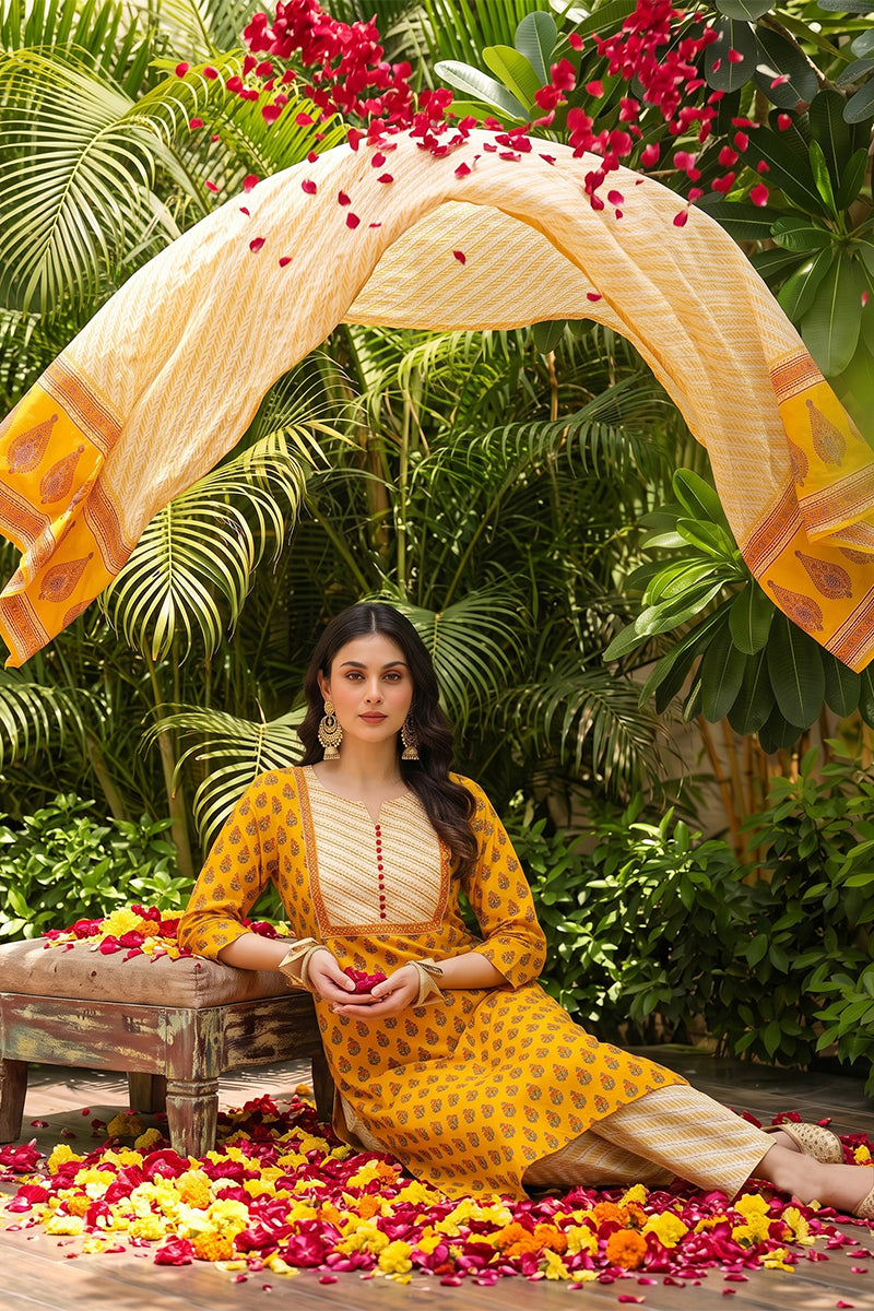 Yellow Rayon Blend Straight Suit Set VKSKD1042