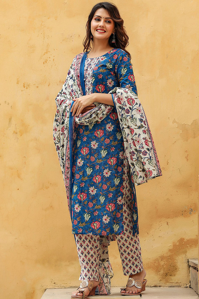 Blue Rayon Blend Floral Printed Straight Suit Set VKSKD1238
