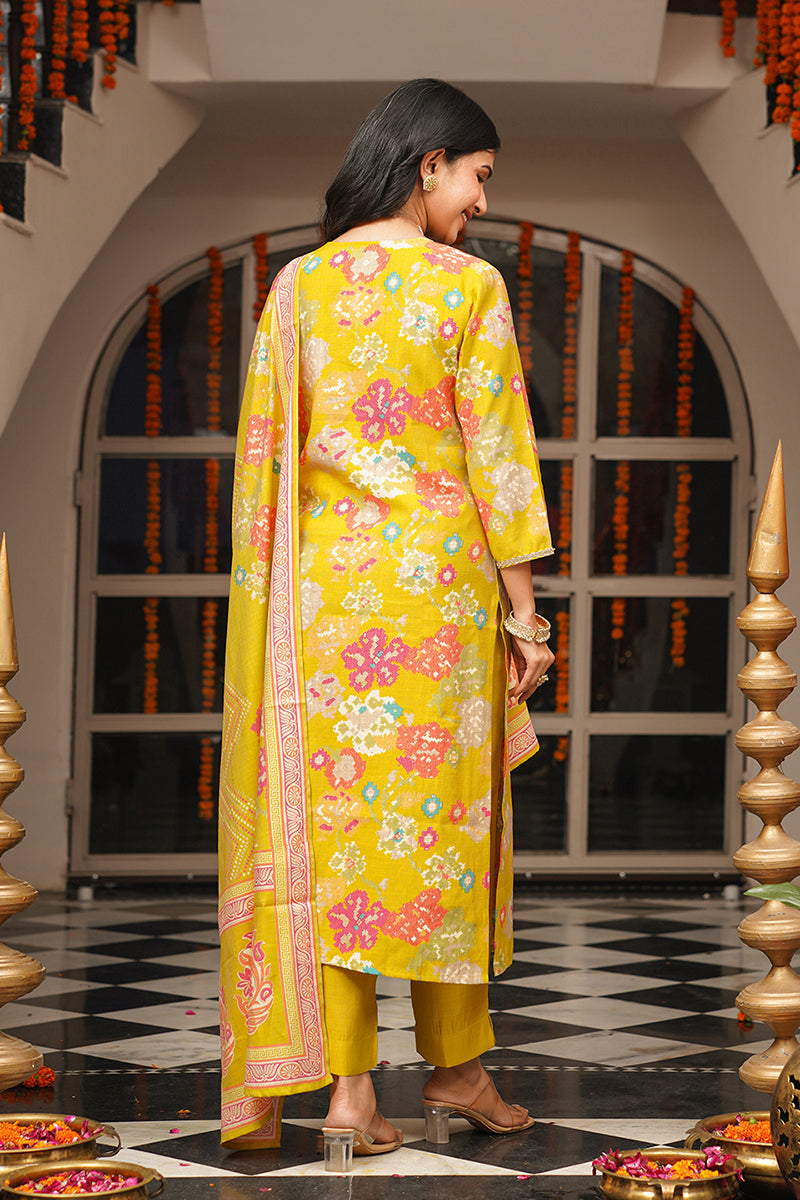 Yellow Viscose Rayon Geometric Embroidered Straight Kurta Trousers With Dupatta PKSKD3080