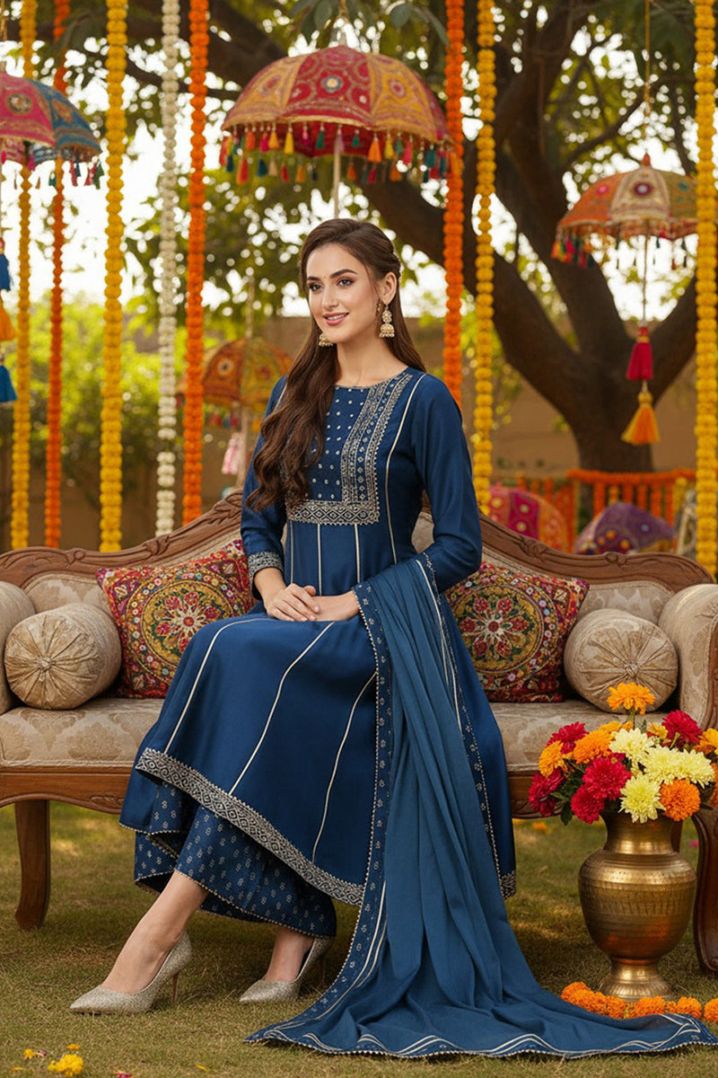 Teal Blue Silk Blend Ethnic Motifs Anarkali Suit Set PKSKD1930