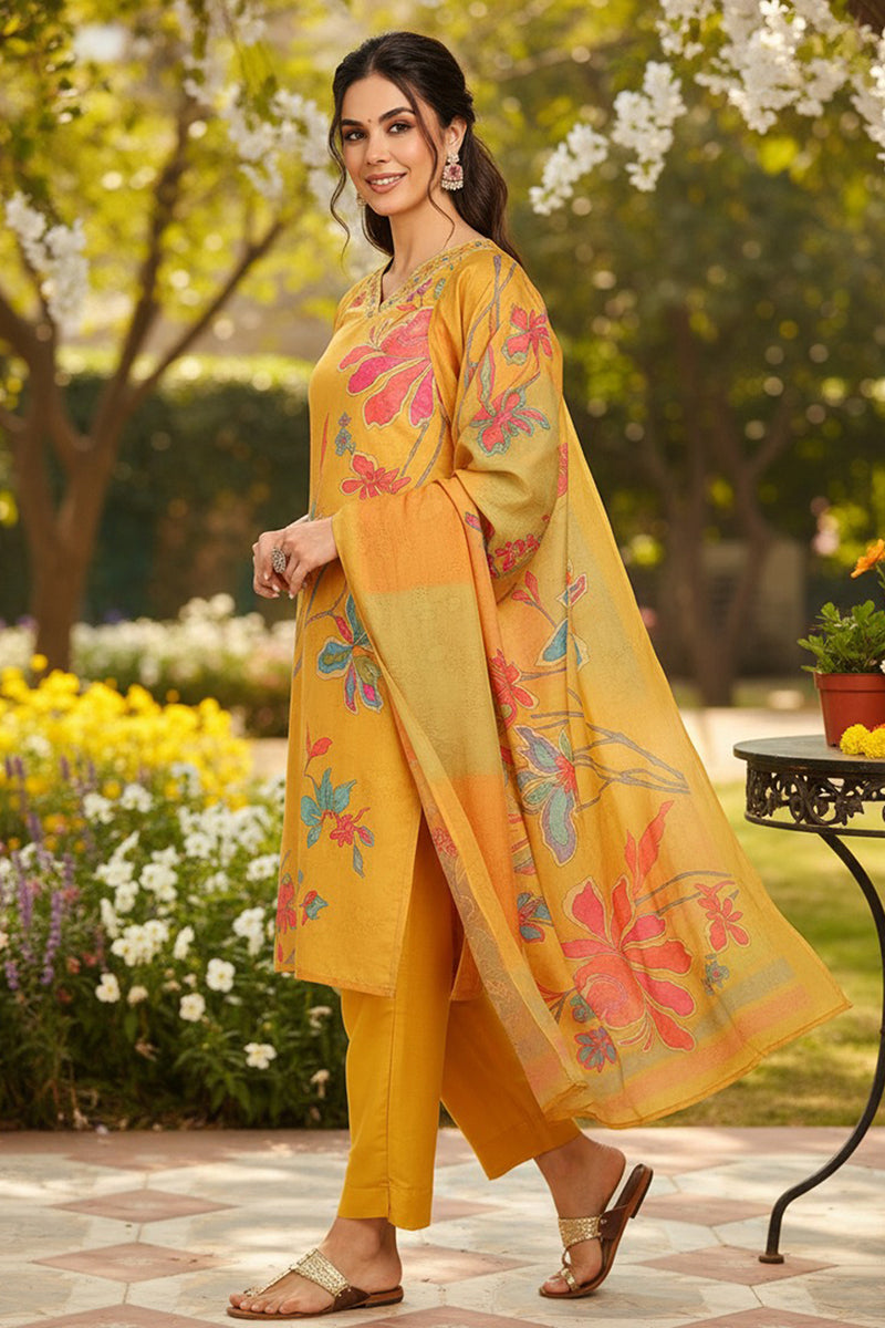 Mustard Yellow Rayon Blend Floral Printed Straight Suit Set PKSKD2416