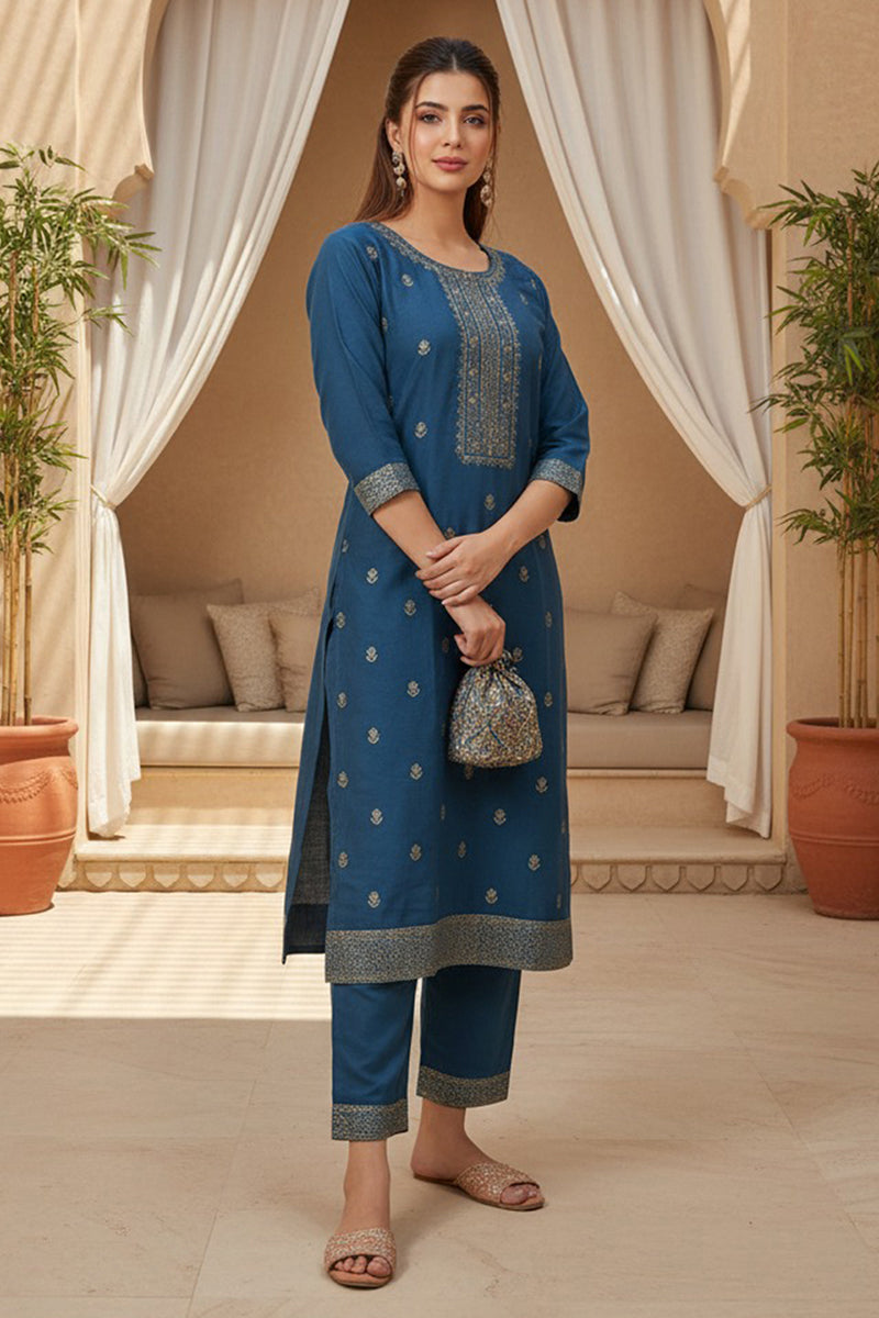 Blue Silk Blend Ethnic Motifs Stoning Straight Kurta Trouser with Dupatta SKSKD3090