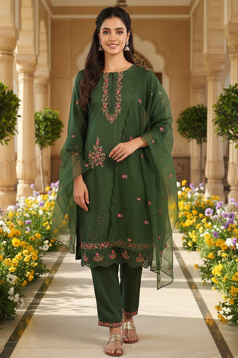Green Silk Blend Solid Embroidered Straight Trouser Bottom Suit Set PKSKD2635
