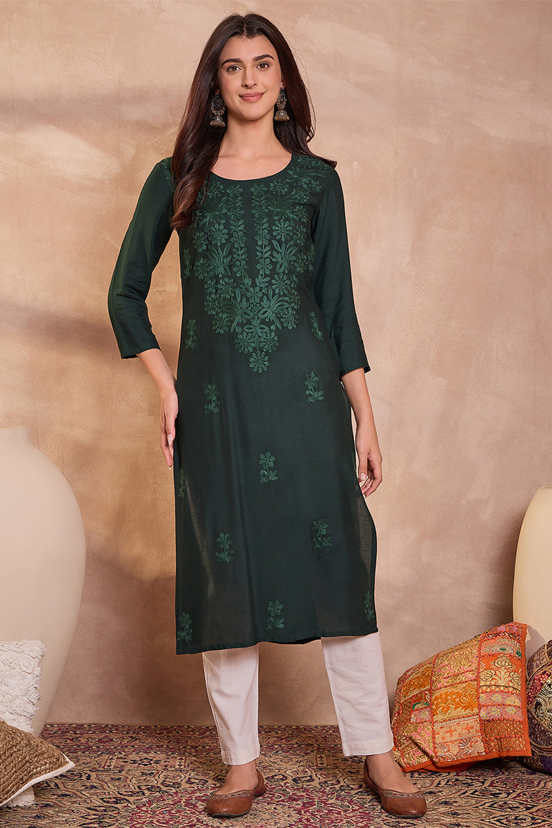 Green Viscose Rayon Emboidered Kurti VCK9797