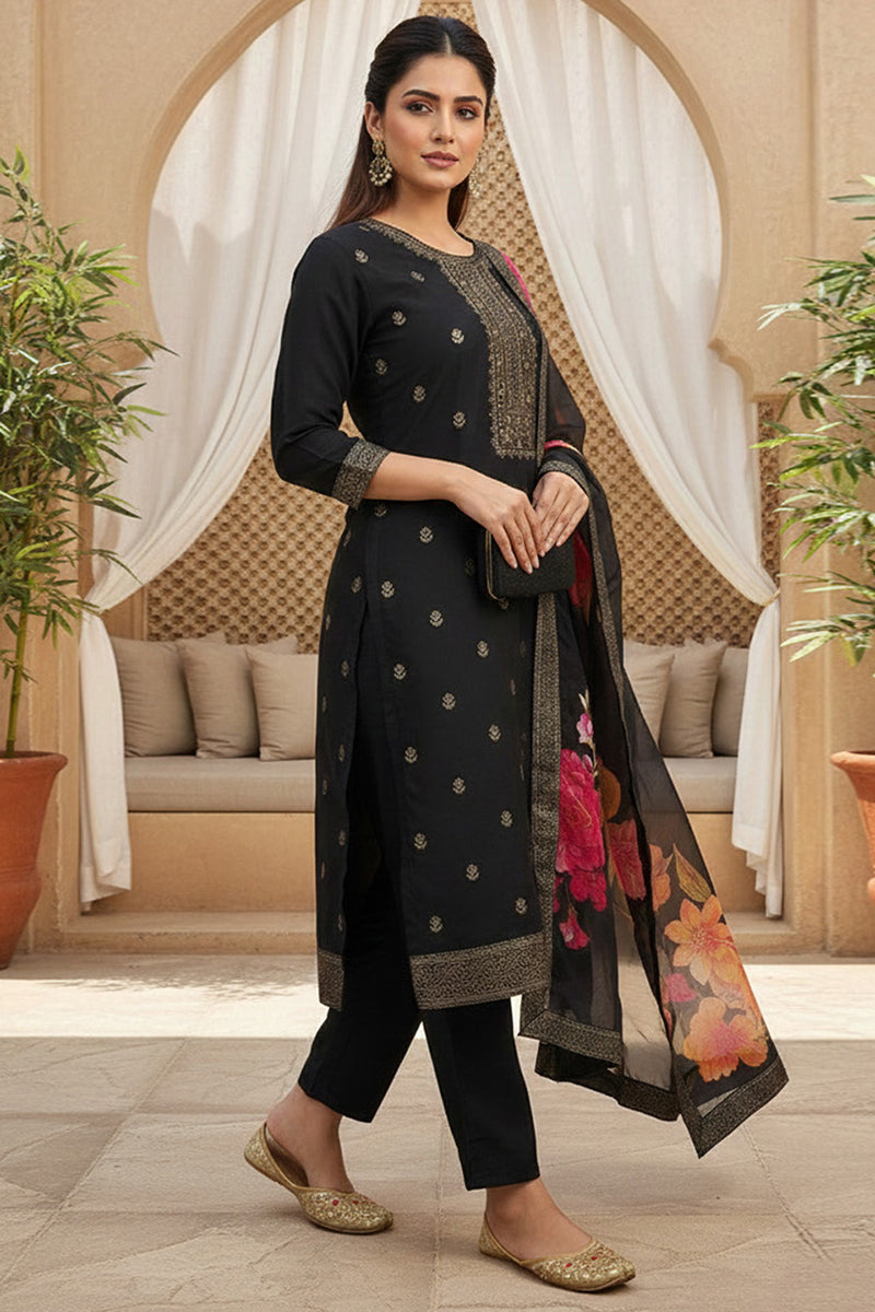 Black Silk Blend Ethnic Motifs Stoning Straight Kurta Trouser with Dupatta SKSKD3089