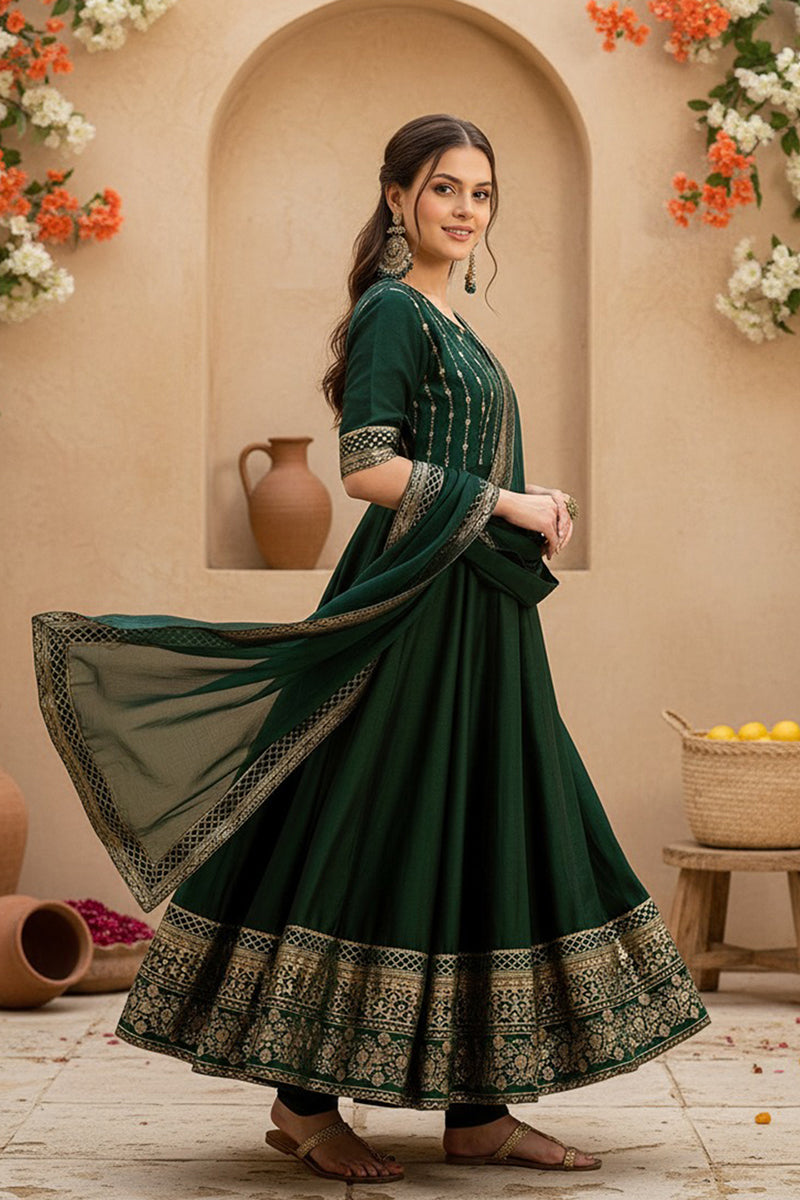 Green Silk Blend Woven Design Anarkali Suit Set PKSKD2051