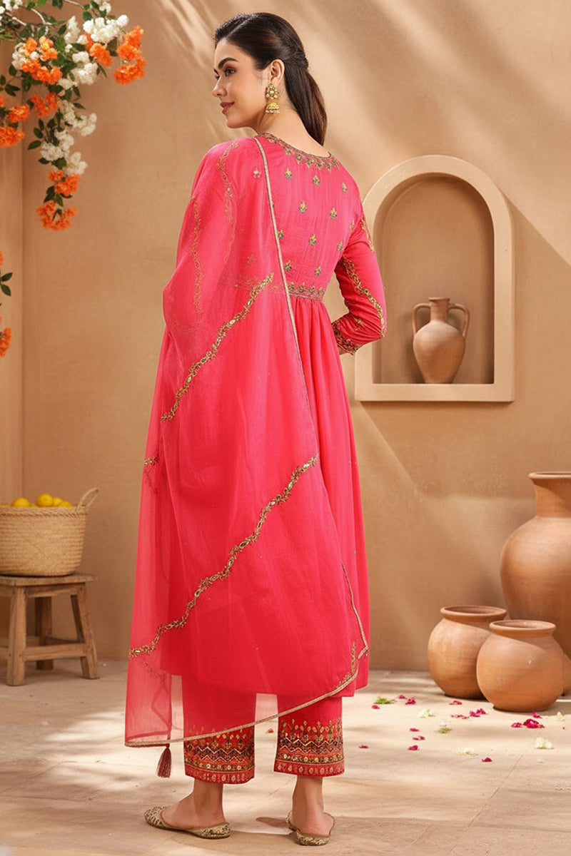 Pink Silk Blend Solid Embroidered Flared Suit Set PKSKD2114
