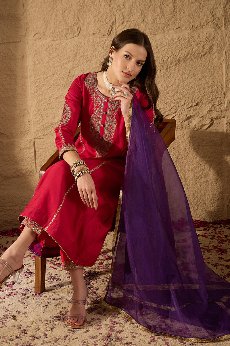 Red Silk Blend Solid Embroidered A-Line Kurta Trouser with Dupatta PKSKD2842