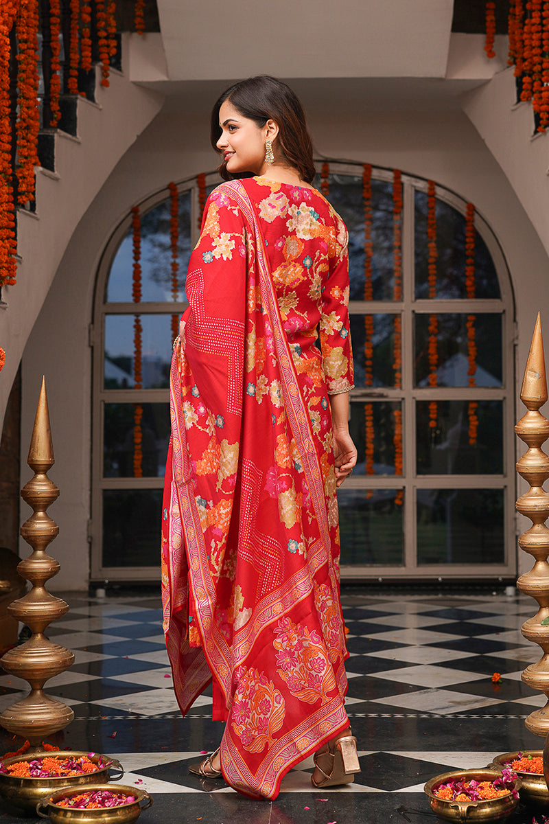 Red Viscose Rayon Floral Printed Straight Kurta Trousers With Dupatta PKSKD3079
