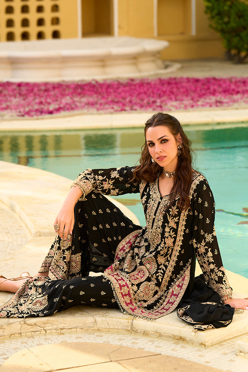 Black Chinon Chiffon Embroidered Straight Kurta Sharara with Dupatta PKSKD2892