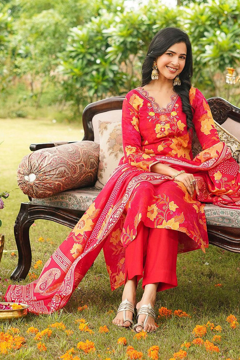 Red Viscose Rayon Floral Embroidered Straight Kurta Trousers With Dupatta PKSKD3051
