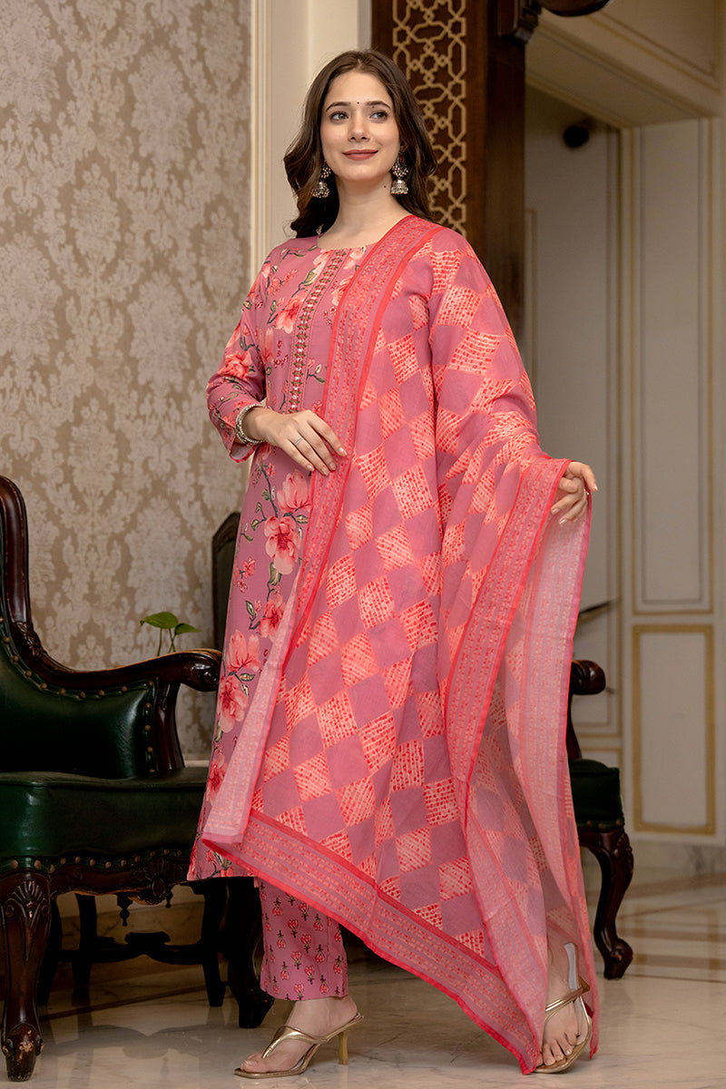 Pink Rayon Blend Floral Printed Straight Trouser Bottom Suit Set PKSKD2566PNK