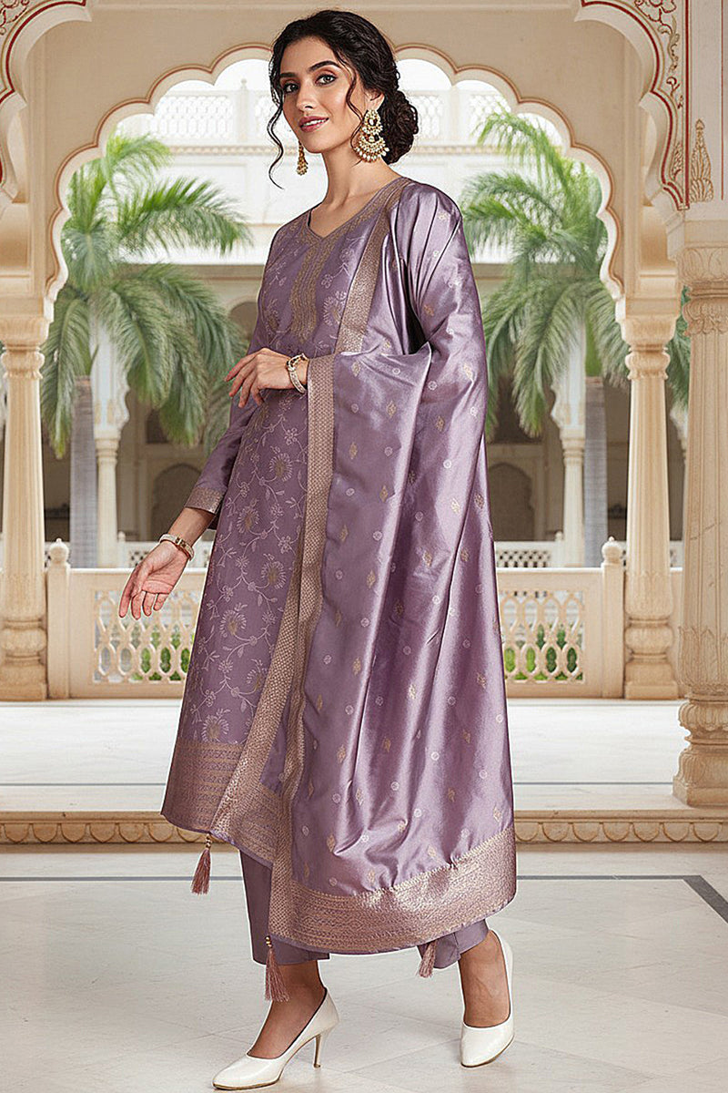 Lavender Silk Blend Ethnic Motifs Woven Design Straight Suit Set PKSKD2405