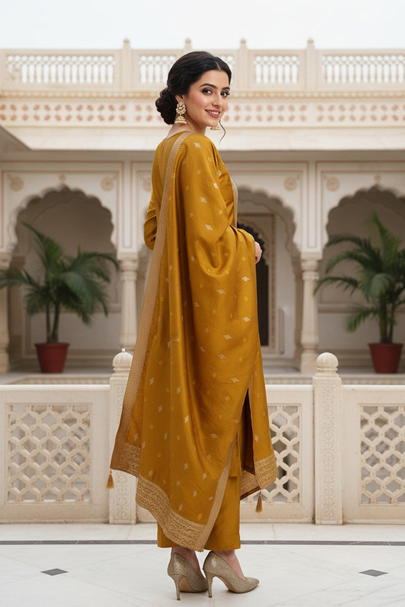 Mustard Yellow Silk Blend Ethnic Motifs Woven Design Straight Suit Set PKSKD2406