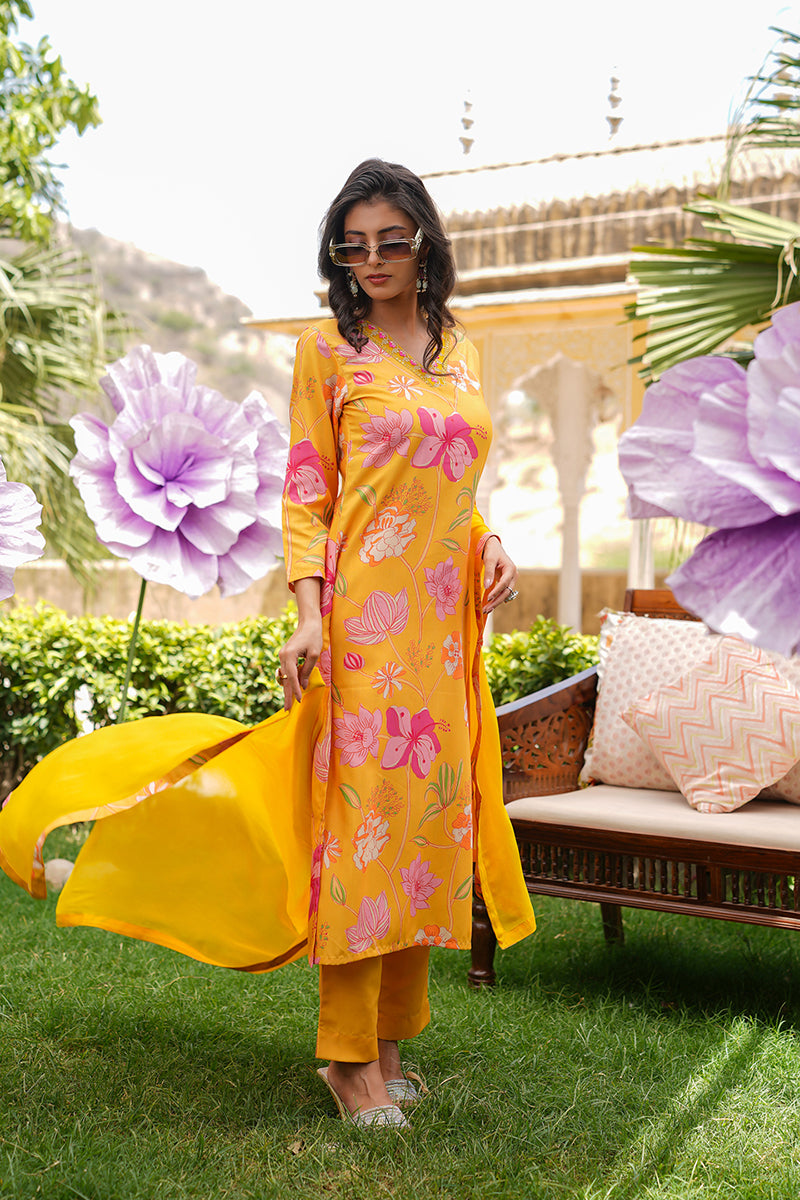 Yellow Silk Blend Floral Printed Straight Kurta Trousers With Dupatta SKSKD3099