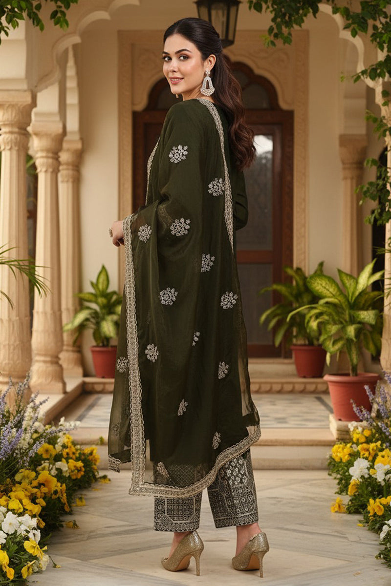 Olive Green Silk Blend Solid Straight Suit Set PKSKD2744