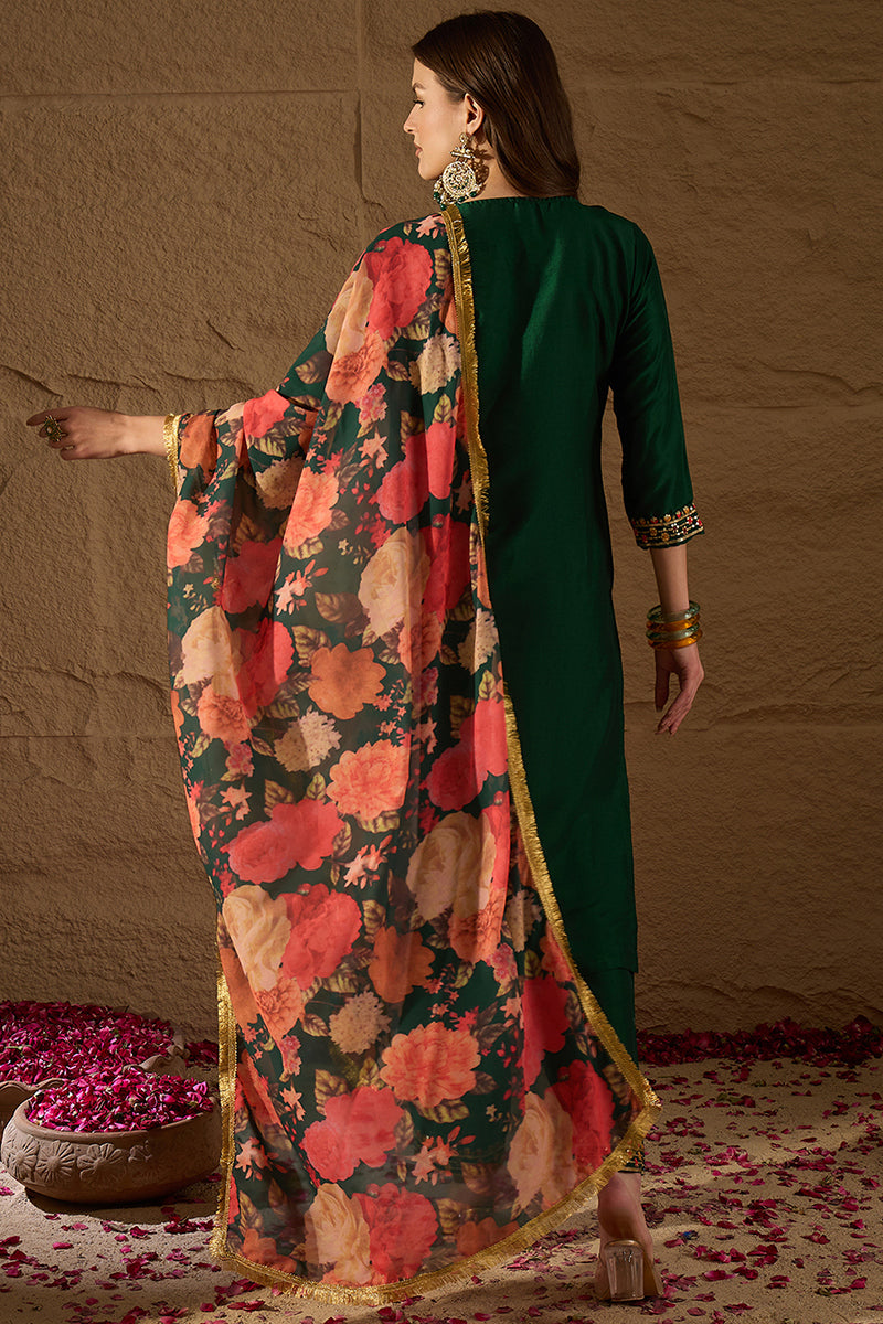 Green Silk Blend Embroidered Kurta Pant With Dupatta VKSKD1758