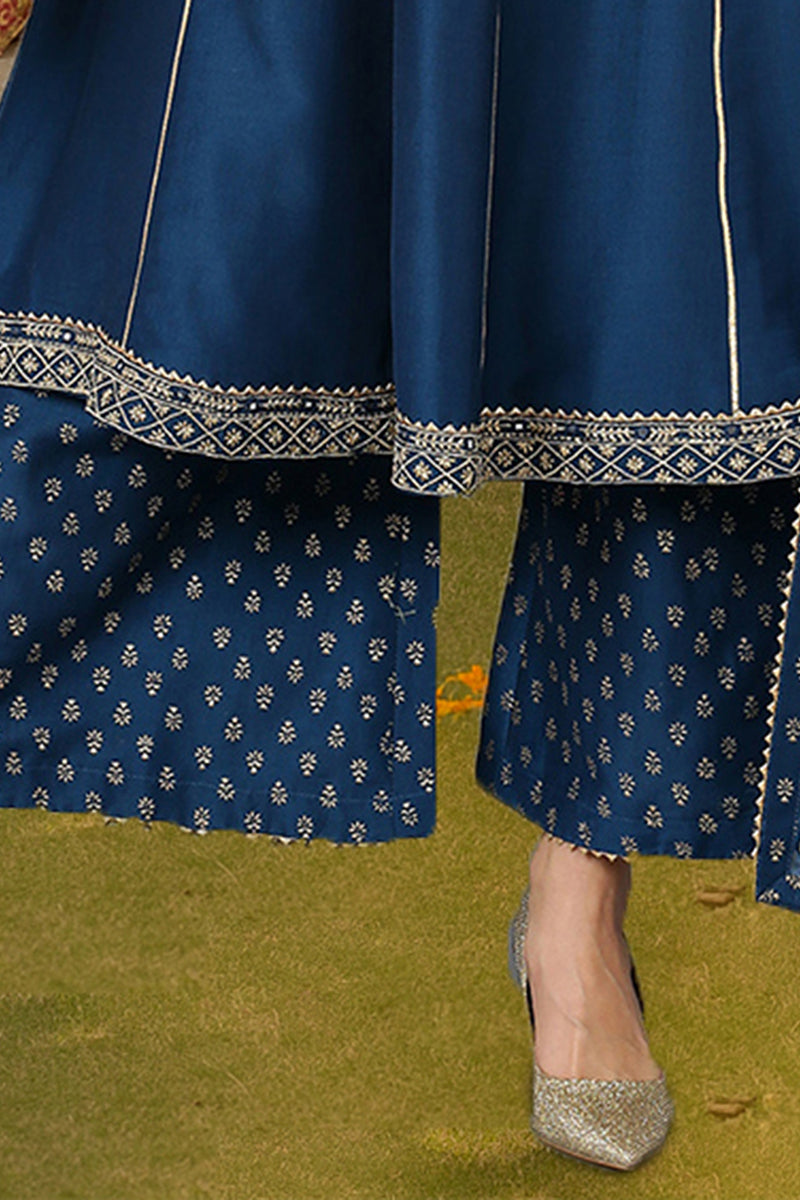 Teal Blue Silk Blend Ethnic Motifs Anarkali Suit Set PKSKD1930