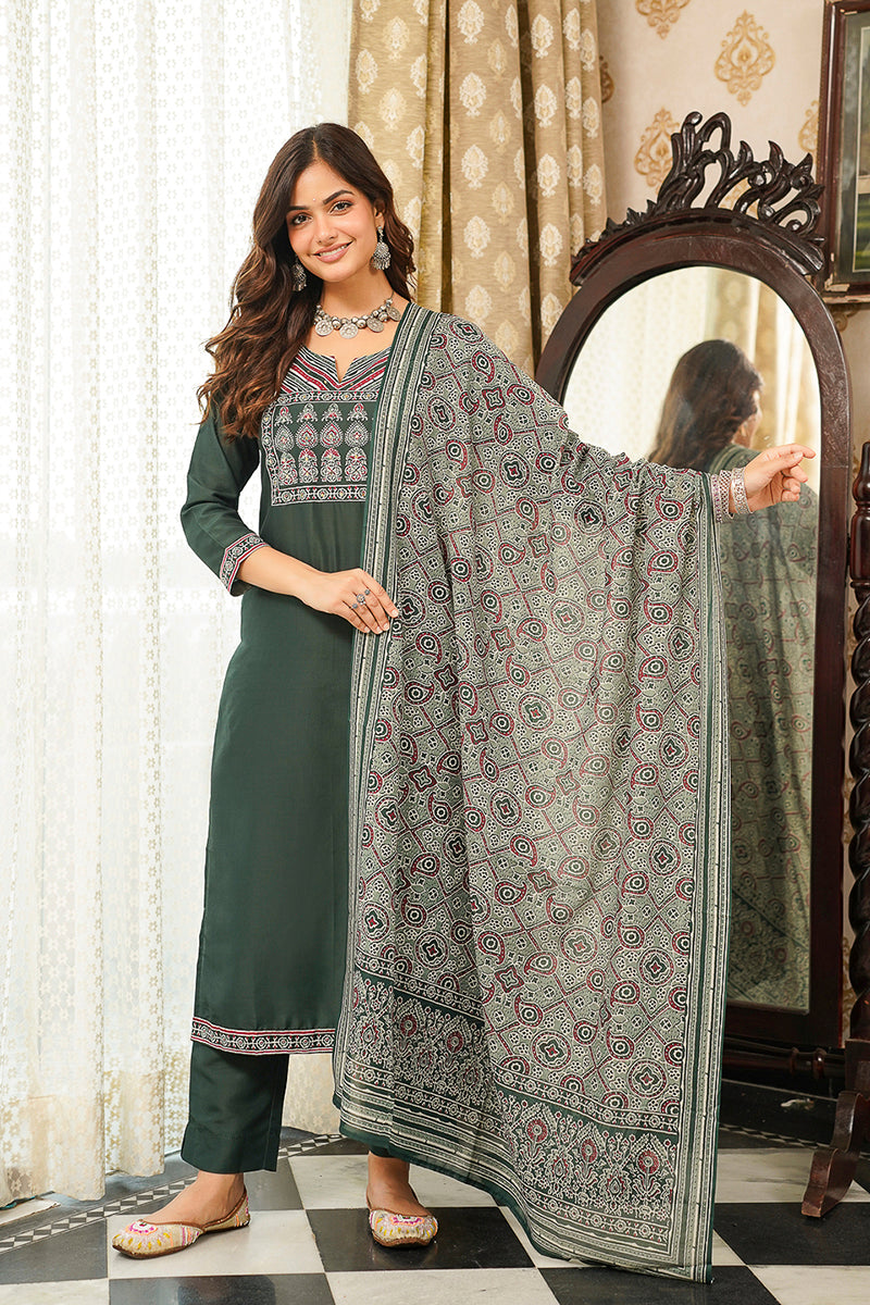 Green Cotton Blend Ajrakh Printed Straight Kurta Trousers With Dupatta PKSKD3066